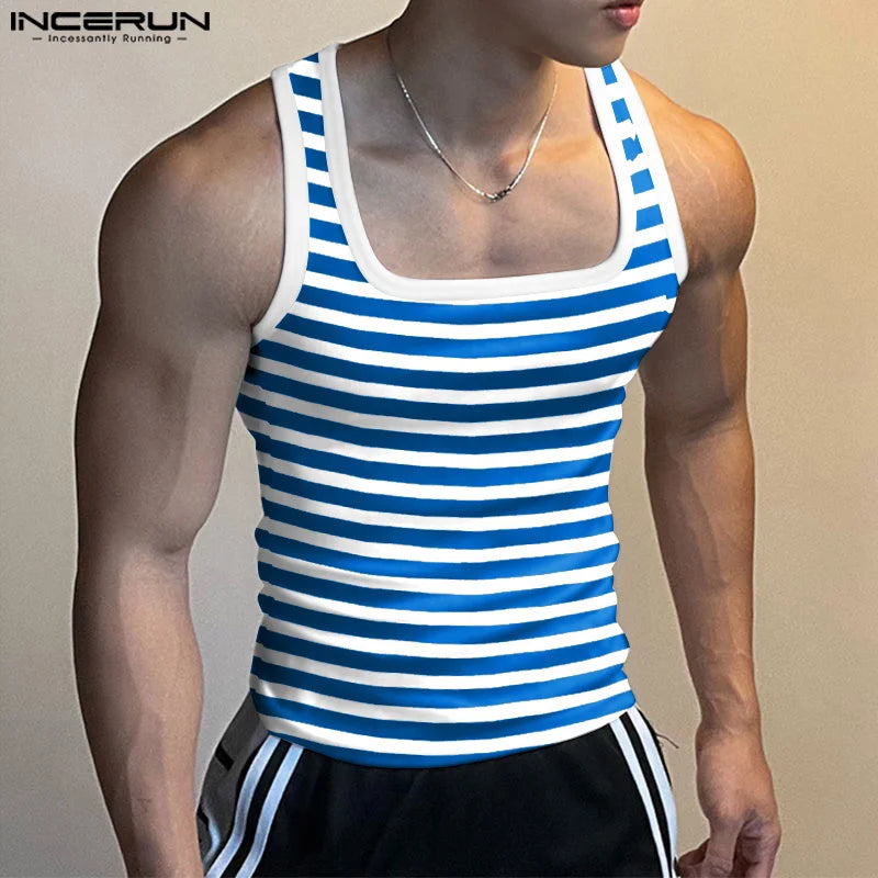 Striped Tank Tops Square Collar Sleeveless Fitness Vests GR243