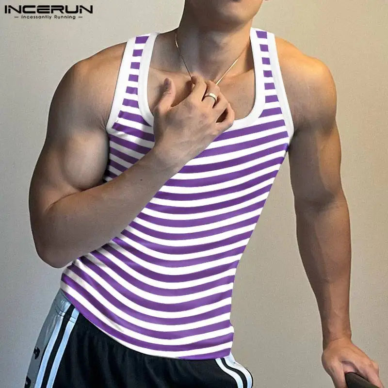 Striped Tank Tops Square Collar Sleeveless Fitness Vests GR243