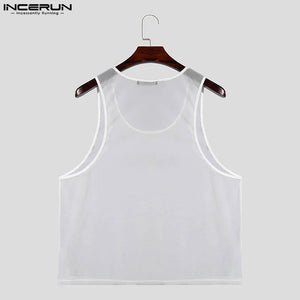 Korean Style Men's Dense Mesh Perspective U-neck Tank Tops F105